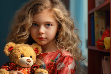 Close-up of a young girl with blue eyes holding her teddy bear, conveying innocence and comfort.