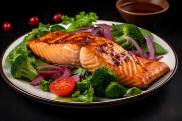 Grilled salmon fish fillet dish. Cooked gourmet seafood with fresh green salad. Generate ai