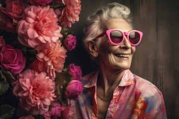 Positive senior woman wearing pink sunglasses. Stylish elderly woman posing with floral blossom branch. Generate ai - obrazy, fototapety, plakaty