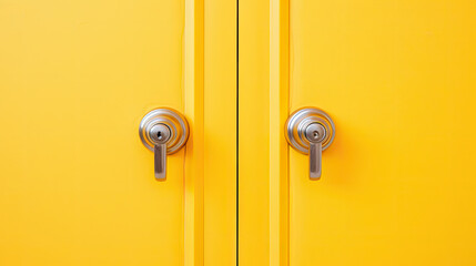 A yellow door with a brass handle on yellow background	
 - obrazy, fototapety, plakaty