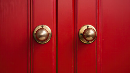 A  red door with a brass handle on red background	
