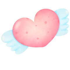 Hand-drawn watercolor illustration of a pastel pink heart with dark pink polka dots, adorned with blue wings on the side