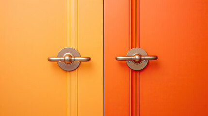 A  orange yellow door with a brass handle on orange  background	 - obrazy, fototapety, plakaty