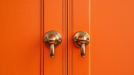 A  orange door with a brass handle on orange  background	