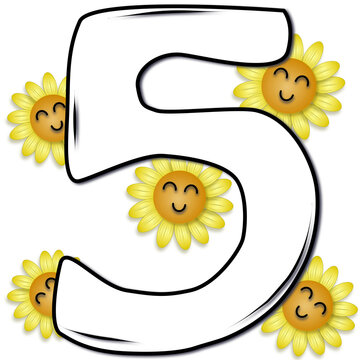 Hand drawn number five decorated with smiling sunflower