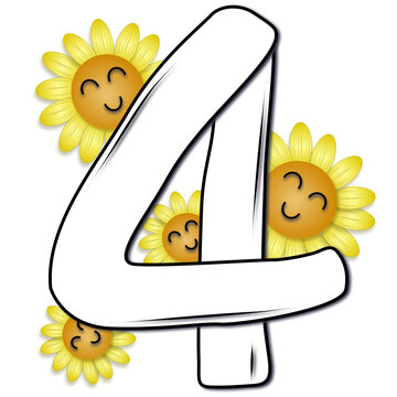 Hand drawn number four decorated with smiling sunflower