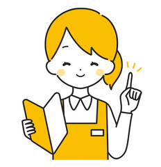 オレンジ色｜初心者マークを持つ女性店員｜指差し