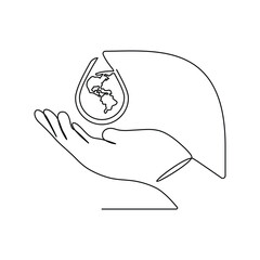 Continuous single line drawing catches water dropping on hand of world water day concept vector art illustration graphic design
