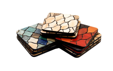 Multicolor Marble Mosaic Coaster Set Design with Black Lines On White or PNG Transparent Background.