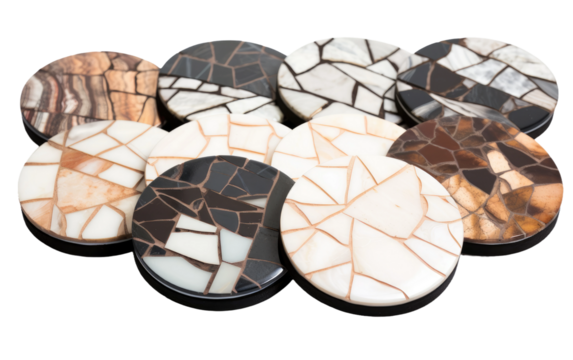 Circular Multicolor Marble Mosaic Coaster Set with Striking Line Design On White or PNG Transparent Background.