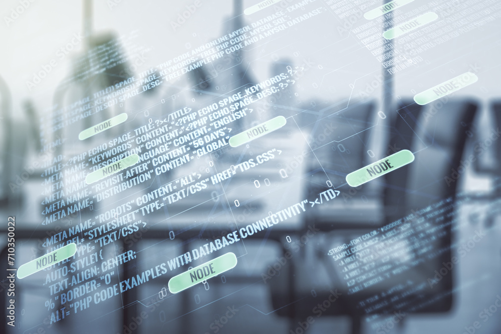 Poster multi exposure of abstract programming language hologram on a modern furnished office interior backg