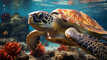 A serene view of a sea turtle gracefully swimming above a coral reef.