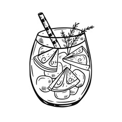 Hand drawing cocktail with lemon slice and rosemary. Black color engraving style. Fresh summer drink.