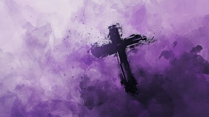 Ash Wednesday themed watercolor artwork showing a simple ash cross on a textured purple background, minimalist and evocative, hand-painted watercolor - obrazy, fototapety, plakaty