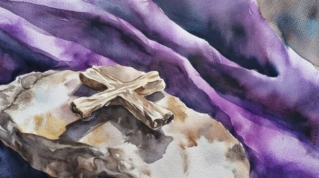 Watercolor painting capturing the essence of Ash Wednesday, with an ash cross on a stone surface and a purple cloth in the background, minimalist and thoughtful