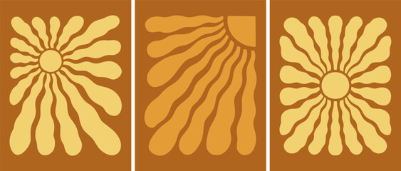 Retro Groovy Sun Background Set. Abstract Wave Ray Pattern in Trendy 70s Style. Boho Colorful Groovy Sun Psychedelic Vintage Background. Graphic Fun Hippie Poster. Abstract Summer Wallpaper.