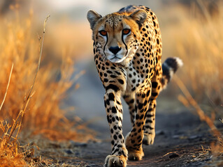 A cheetah is walking through the grass at sunset