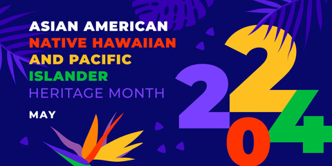Asian american, native hawaiian and pacific islander heritage month 2024. Vector vertical banner for social media. Illustration with text. Asian Pacific American Heritage Month on blue background. - obrazy, fototapety, plakaty