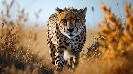 A cheetah is walking through the grass at sunset