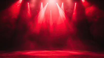 Poster Free stage with lights and smoke, Empty stage with red spotlights, conser, show, party, Presentation concept.  Red spotlight strike on black background  © Planetz