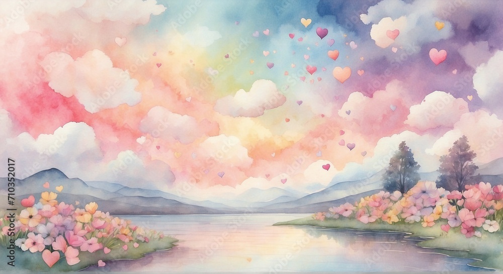 Wall mural a dreamy landscape of floating hearts, pastel-colored flowers, and a rainbow sky, all brought to lif