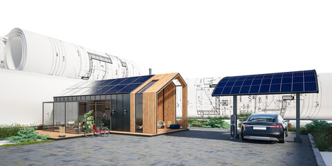 Modern Sustainable Home with Solar Panels and Electric Car (isolated) - 3D visualization