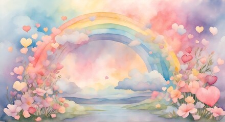 A dreamy landscape of floating hearts, pastel-colored flowers, and a rainbow sky, all brought to life with a soft watercolor rendering. - obrazy, fototapety, plakaty