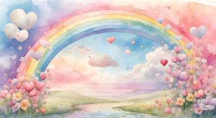 Fototapeta na wymiar A dreamy landscape of floating hearts, pastel-colored flowers, and a rainbow sky, all brought to life with a soft watercolor rendering.