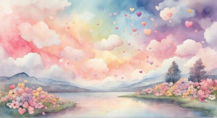 Fototapeta na wymiar A dreamy landscape of floating hearts, pastel-colored flowers, and a rainbow sky, all brought to life with a soft watercolor rendering.