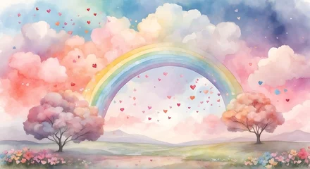 Foto op Plexiglas A dreamy landscape of floating hearts, pastel-colored flowers, and a rainbow sky, all brought to life with a soft watercolor rendering. © DynaVerse3D