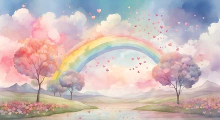 Wandcirkels aluminium A dreamy landscape of floating hearts, pastel-colored flowers, and a rainbow sky, all brought to life with a soft watercolor rendering. © DynaVerse3D