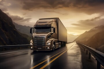 Semi-truck driving on highway with dramatic sunset sky in mountainous landscape.