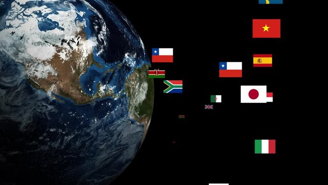 Global communication network and various national flags. Worldwide communication.