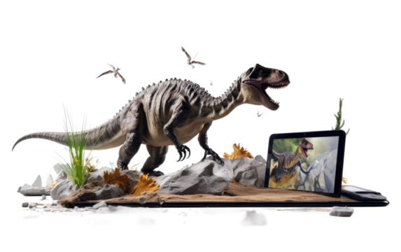 Time Travel Experience Prehistoric Augmented Reality Dinosaur Excavation Unleashed On White or PNG Transparent Background.