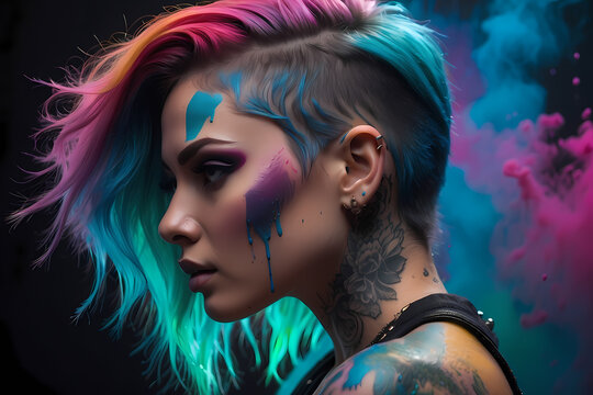 portrait of a woman with Ombre rainbow hair and tattoos. portrait of a woman with flying rainbow hair. Sexy girl with short hair. Professional coloring