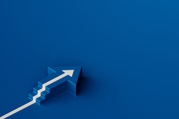 White arrow with stair on blue background, business way concept, minimal style, 3d rendering - obrazy, fototapety, plakaty