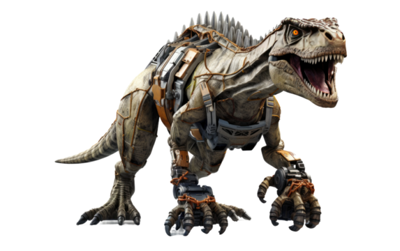 Roaring Programmable Robot Dinosaur Stomping with Technological Power On White or PNG Transparent Background.