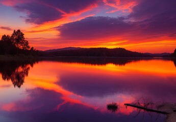 Fototapeta premium An image of a vibrant sunset over a serene lake, with colorful reflections shimmering on the water 