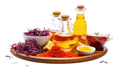 Tray Showcase of a Culinary Kit Infused with Saffron Essence On White or PNG Transparent Background.