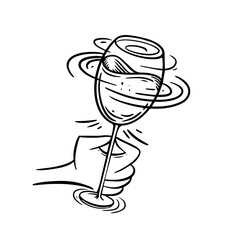 A glass of wine rotates in the hand. Black color doodle icon style.