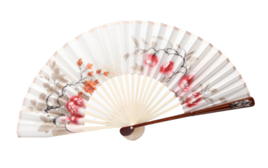 Silk Fan with Traditional Design Unfolding Gracefully On White or PNG Transparent Background.