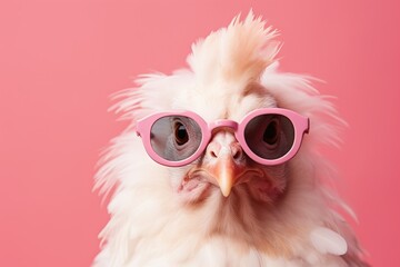 chicken portrait with pink glasses. banner with a soft pink background Peach Fuzz