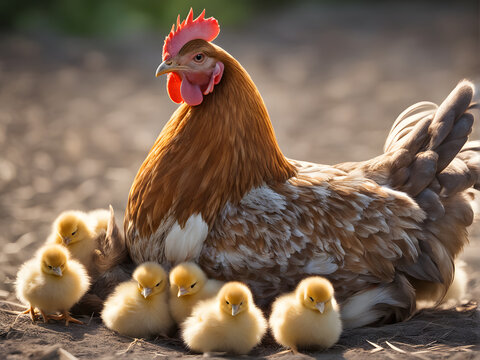 Nurturing bond: Mother hen shields fluffy chicks under her wings in serene image.