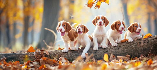 Cute funny dog group, Spaniel puppies standing together, leaning against a fallen tree trunk, happily field autumn leaves background - obrazy, fototapety, plakaty