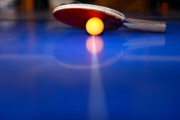 Ping Pong table with a yellow ball. Sport.  France.