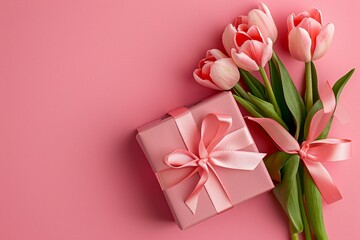 Top-View Image of an Elegant Pink Gift Box with a Ribbon.