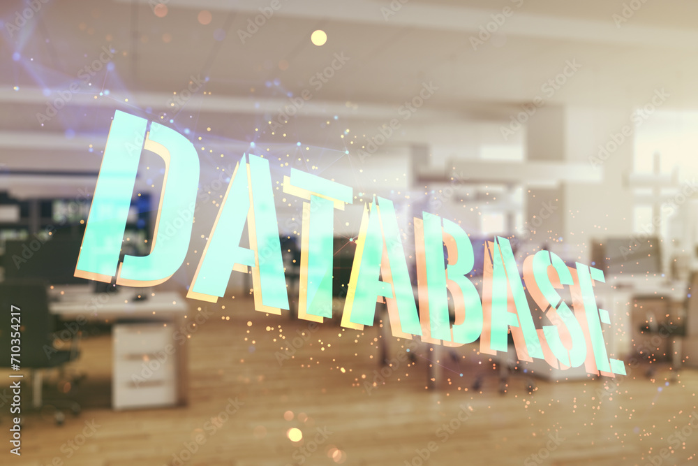 Poster double exposure of database word sign on a modern furnished office background, global research and a