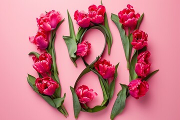 Women's Day: Numeral 8 Formed from Red Peony Tulips.