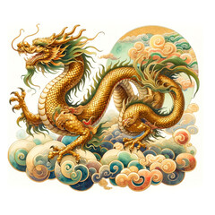 Fototapeta premium watercolor illustrations of a mythical gold dragon on a cloud, designed in a traditional Chinese style
