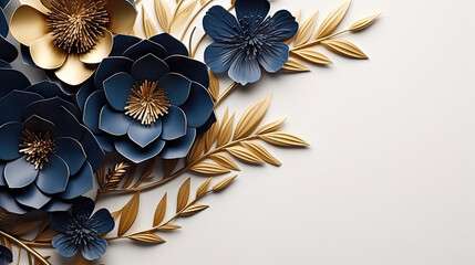a gold and navy blue  flowers, A close up of a paper flower with leaves on a white background. Perfect for spring or wedding-themed designs, greeting cards, scrapbooking, and crafting projects.